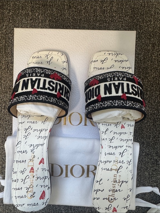 Dior Shoes - Dior White Script Slide Sandals with Black and Red Logo Band